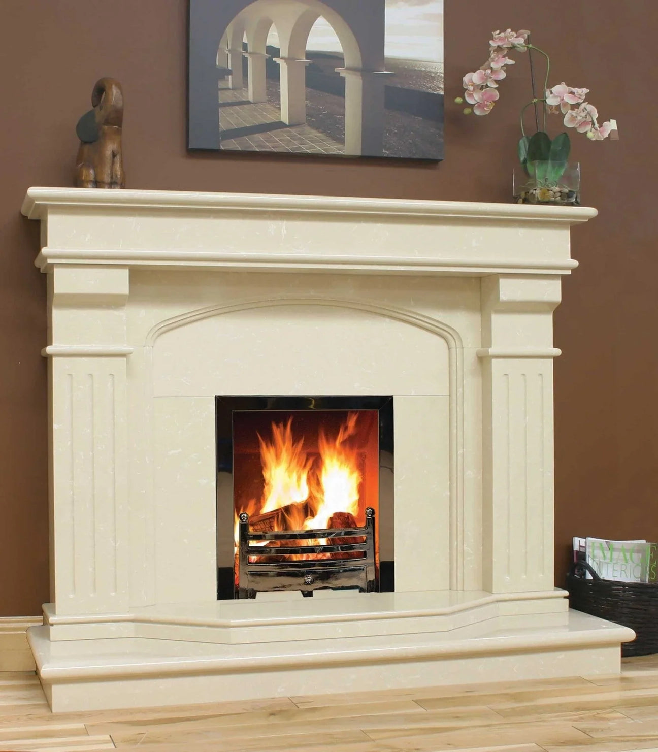 Buy marble fireplace surround online, modern fire mantel, luxury home decor, living room heater