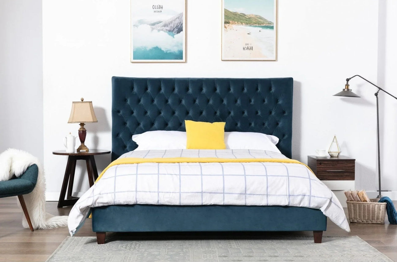 Buy velvet upholstered bed frame online, modern bedroom furniture, tufted headboard style