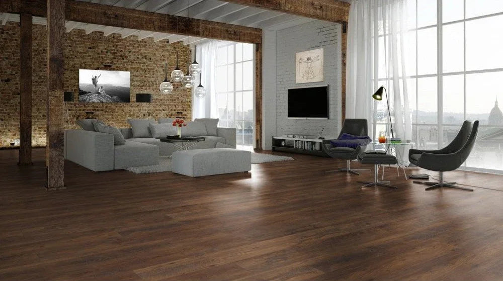 Buy engineered hardwood flooring online, modern loft with dark wood floors and large windows