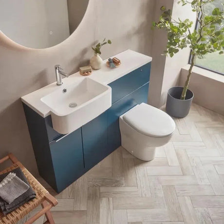 Buy modern blue bathroom vanity unit with sink and toilet online, compact stylish WC suite