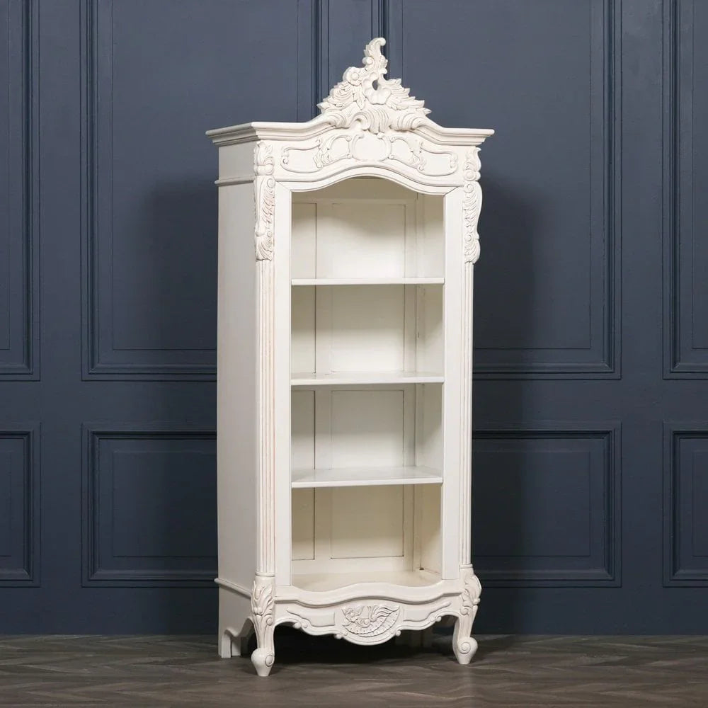 Buy vintage white French display cabinet online, ornate carved wood bookshelf furniture