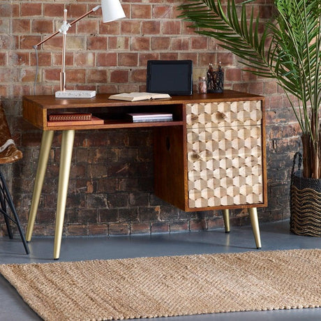 Buy geometric wood desk online, mid-century modern study table, carved office furniture