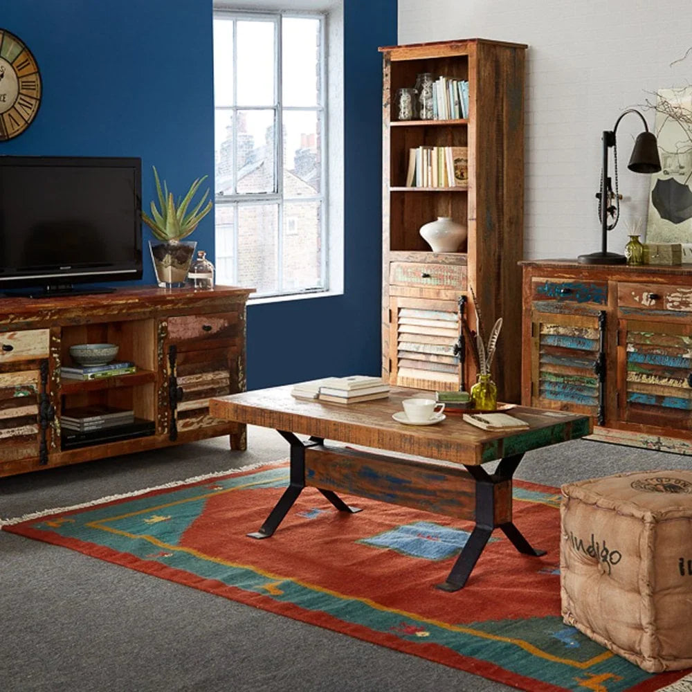 Buy reclaimed wood living room furniture set online, rustic coffee table, TV unit, bookshelf