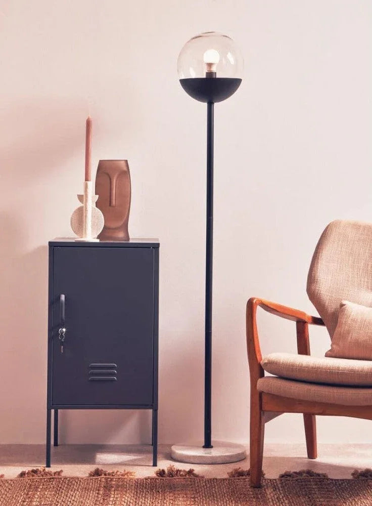 Buy modern black floor lamp with glass globe online, contemporary lighting for living room