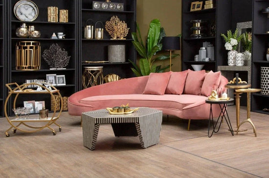 Buy modern living room furniture set online, pink velvet sofa, gold decor, coffee tables