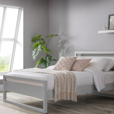 Buy modern grey wooden bed frame online, minimalist bedroom, neutral bedding decor
