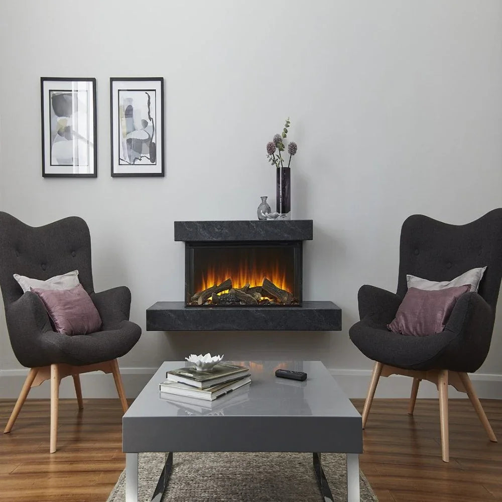 Buy modern electric fireplace online, wall-mounted heater, living room decor, cozy seating