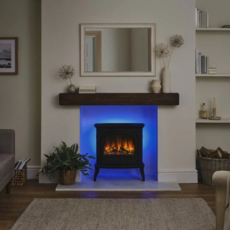 Buy electric fireplace stove online, modern living room décor, LED flame effect heater