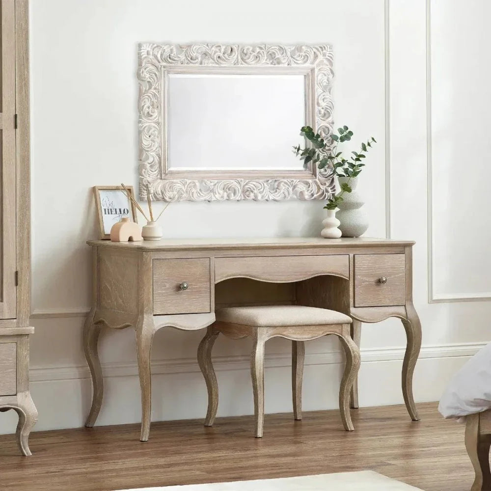 Buy wooden vanity table with mirror and stool online, elegant dressing table for bedroom
