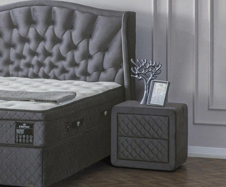 Buy luxury tufted grey bed and quilted nightstand set online, modern bedroom furniture