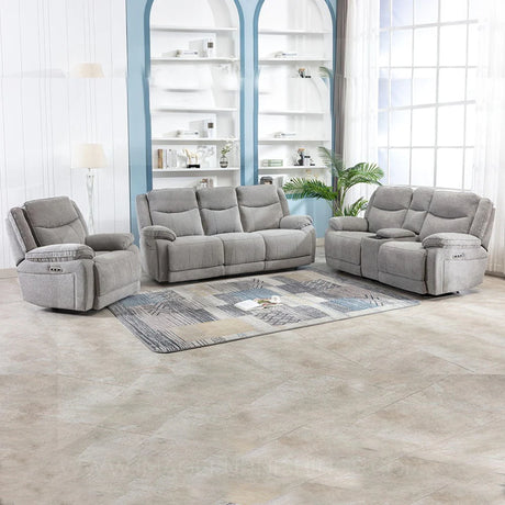 Grey fabric 2 seater sofa set with recliner in modern living room on patterned rug