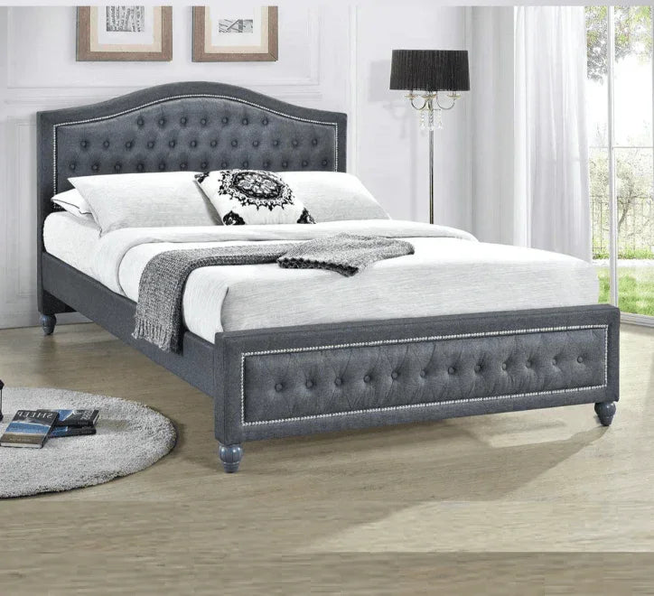 Buy tufted grey upholstered bed frame online, luxury bedroom furniture, modern bed sale