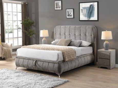 Buy modern gray upholstered bed frame with tufted headboard online, luxury bedroom furniture