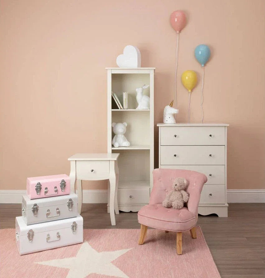 Buy kids bedroom furniture set online, pastel nursery decor, dresser, chair, toy storage