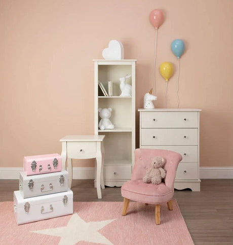 Buy kids bedroom furniture set online, pastel nursery decor, dresser, chair, toy storage