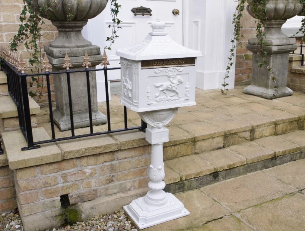Buy white Victorian post box online, decorative freestanding letterbox for home entryway