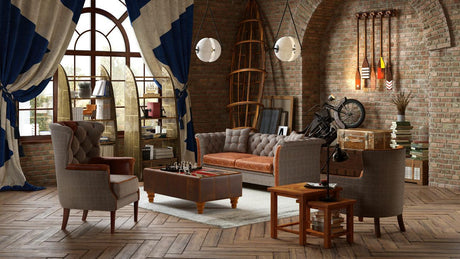 Buy vintage armchairs and leather sofa online, rustic living room with brick wall decor