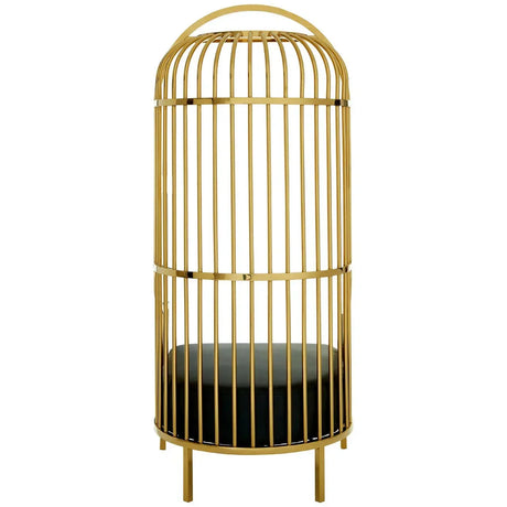 Gold metal cage accent chair with black upholstered seat and rounded top