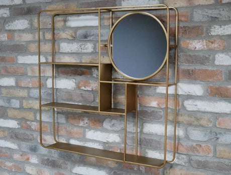 Buy modern gold metal wall shelf with round mirror online, decorative shelving unit