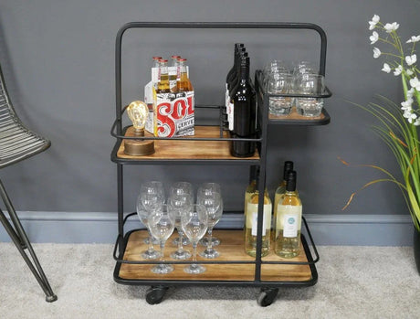 Buy industrial bar cart with glassware and bottles online, home drinks trolley, modern bar furniture