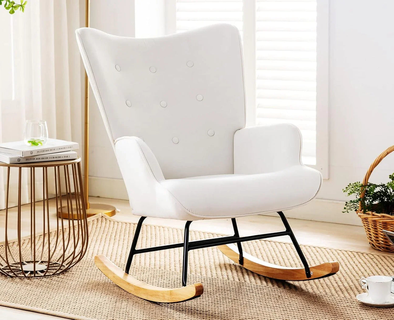 Buy white modern rocking chair online, mid-century accent armchair, living room furniture
