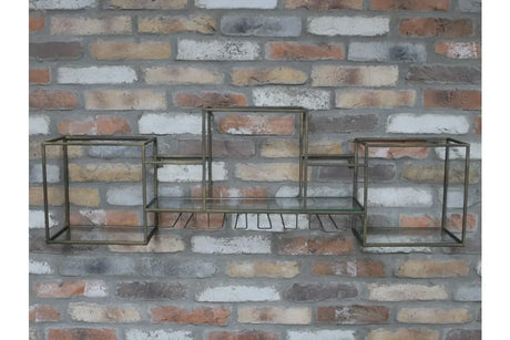 Metal and glass wall shelf unit with cubed compartments on exposed brick wall