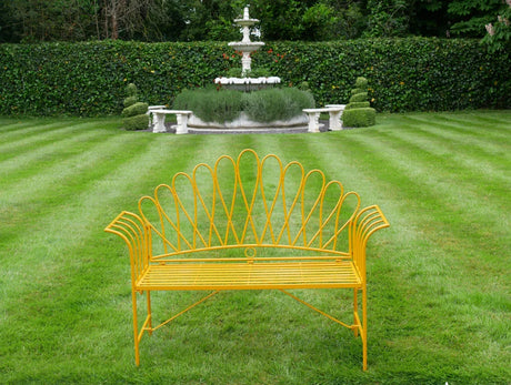 Buy yellow metal garden bench online, outdoor seating for lawns, patio bench, decorative garden furniture