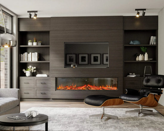Buy modern electric fireplace with black wood shelves and TV online, contemporary living room