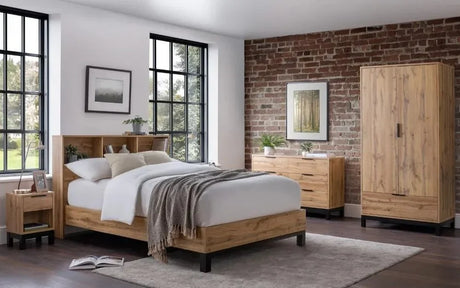 Buy modern oak wood bedroom furniture set online, rustic bed, wardrobe, dresser, nightstand