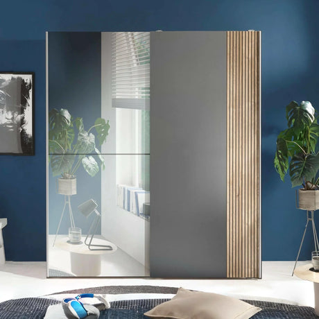 Buy modern mirrored sliding door wardrobe online, sleek wood panel closet, bedroom storage