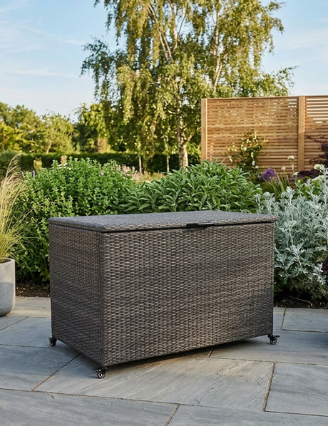 Grey rattan garden storage box with wheels on patio surrounded by plants and fencing