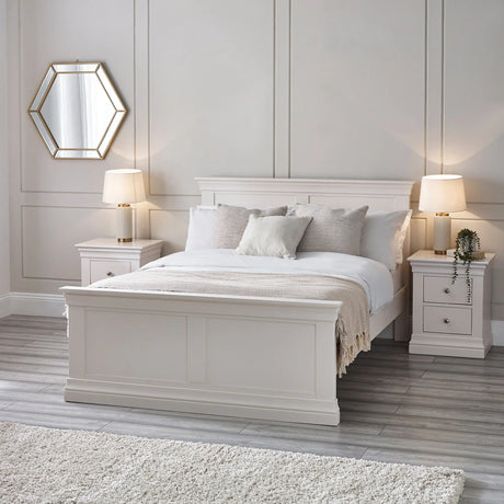 Buy white double bed online, modern bedroom furniture, stylish bed frame, bedside tables