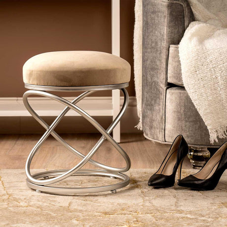 Buy modern vanity stool with metal base and beige cushion online, accent seat for bedroom
