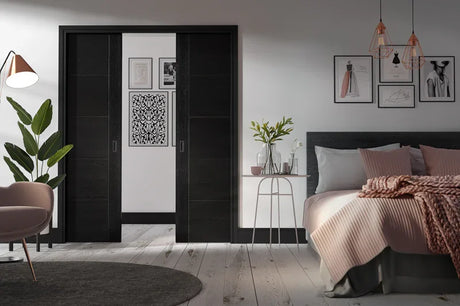 Flusso pocket door set double in black between modern bedroom and hallway