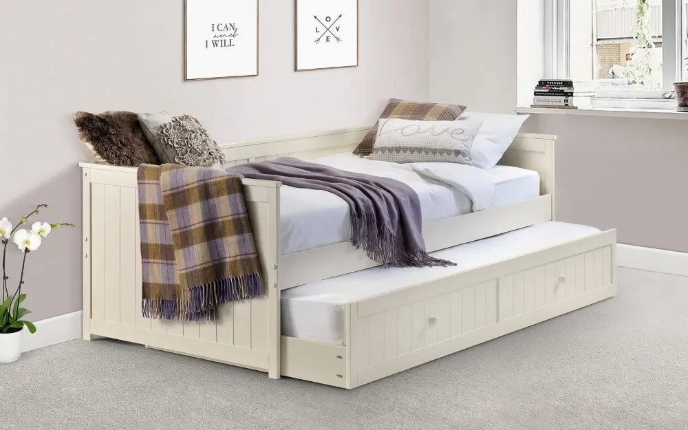 Buy day bed with trundle bed online, cream wood guest bed, modern bedroom furniture