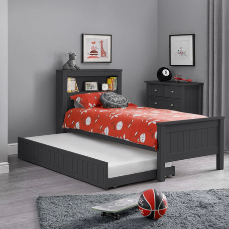 Anthracite underbed storage bed with red bedding in modern kids bedroom with grey decor