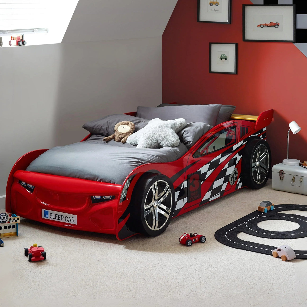 Buy kids car bed online, race car bed for children, red car-shaped bed in playful bedroom
