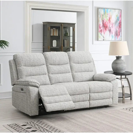 Light grey fabric recliner sofa with padded armrests in modern living room setting