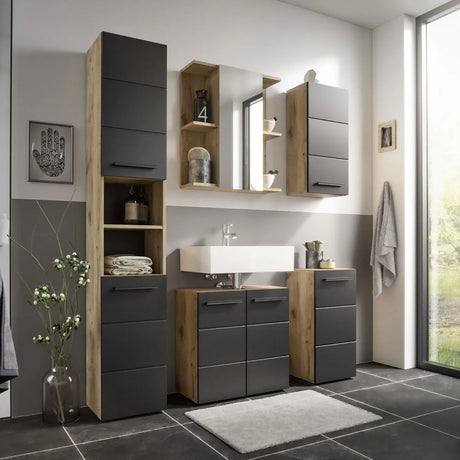 Modern bathroom furniture set with black and oak cabinets, wall units, and washbasin