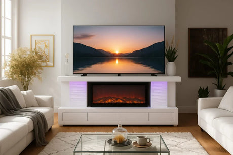 Buy TV stand with LED fireplace online, modern white entertainment center, living room decor