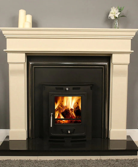 Buy Bordouex fireplace suite with wood burning stove online, modern cream mantel, home heating