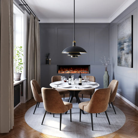 Buy modern dining room furniture set online, round table, upholstered chairs, luxury decor