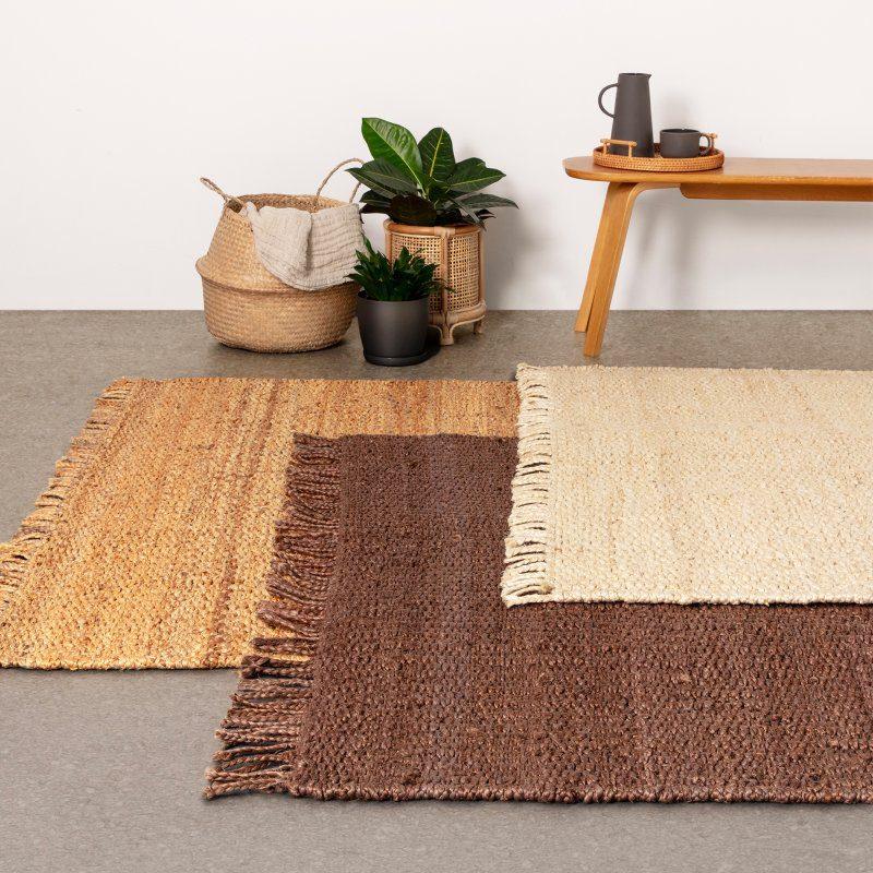 Buy natural jute rugs online, textured area rugs with fringe, living room decor mats