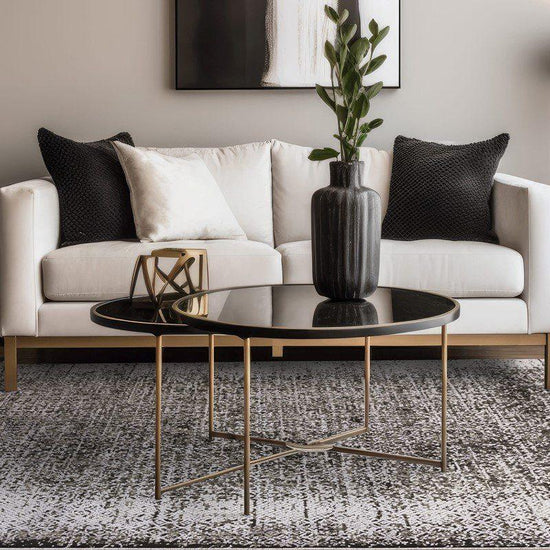 Buy modern coffee table set online, black glass top, gold metal legs, living room furniture