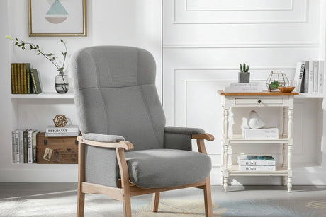 Grey armchair with wooden frame in modern living room setting