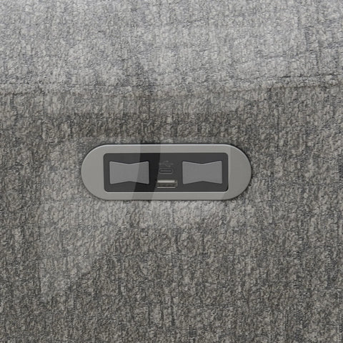 Closeup of grey swivel chair fabric with built-in USB and power control panel