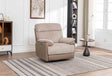 Beige fabric 1 seater armchair with wide armrests in modern living room setting on striped rug