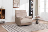 Beige fabric 1 seater armchair with wide armrests in modern living room setting on striped rug
