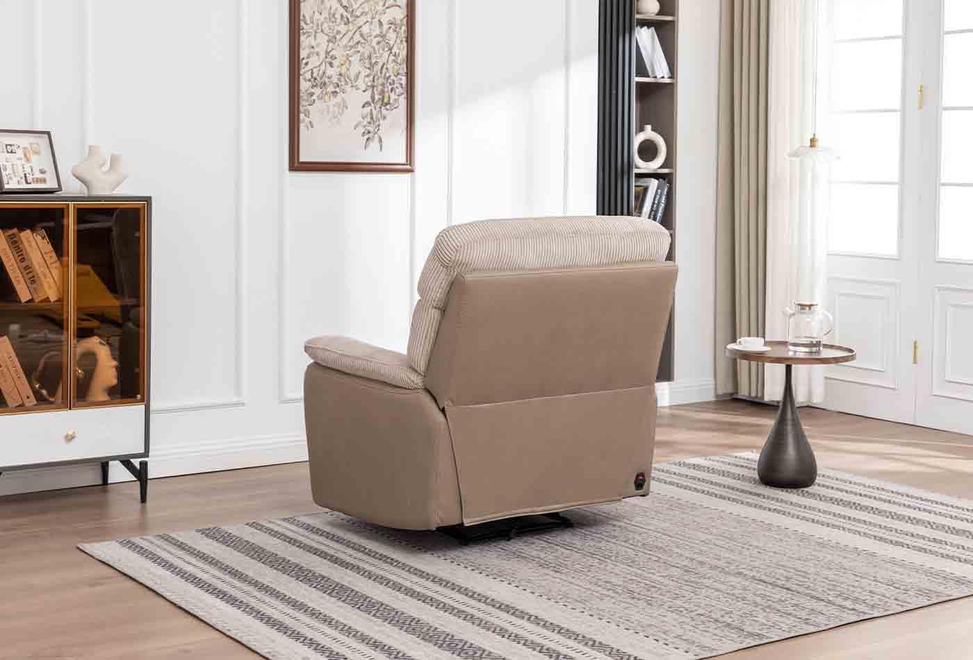 Beige 1 seater armchair with textured upholstery in modern living room setting