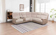 Beige sectional sofa with console and wireless charger on striped rug in bright living room